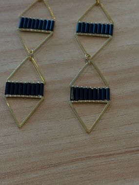 Hand Crafted Gold Triangle Drop Earrings with Black Beads